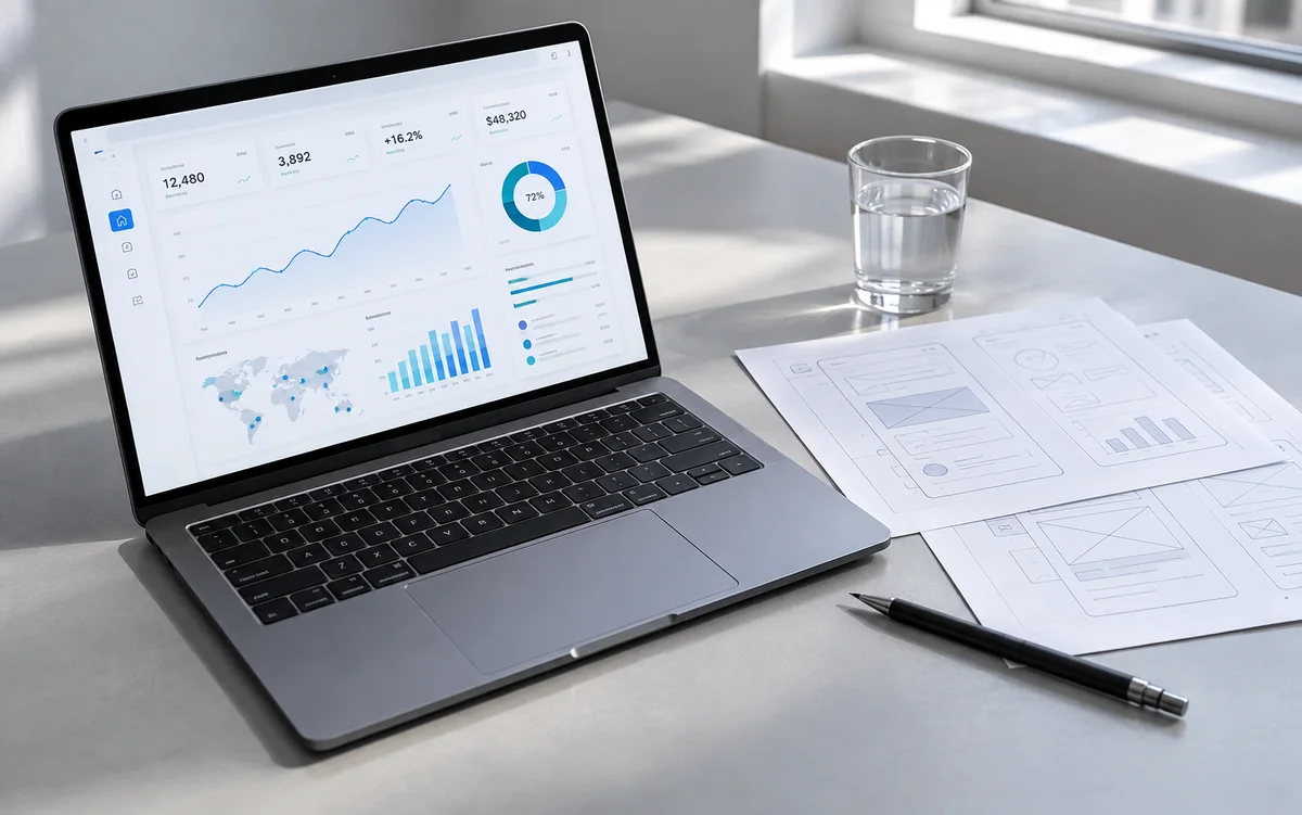 Digital product design study with a dashboard and interface wireframes